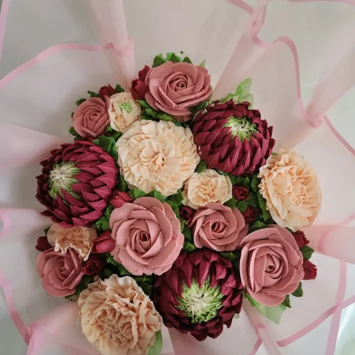 Premium 12 floral cupcake bouquet with dusty rose, burgundy and peach buttercream flowers